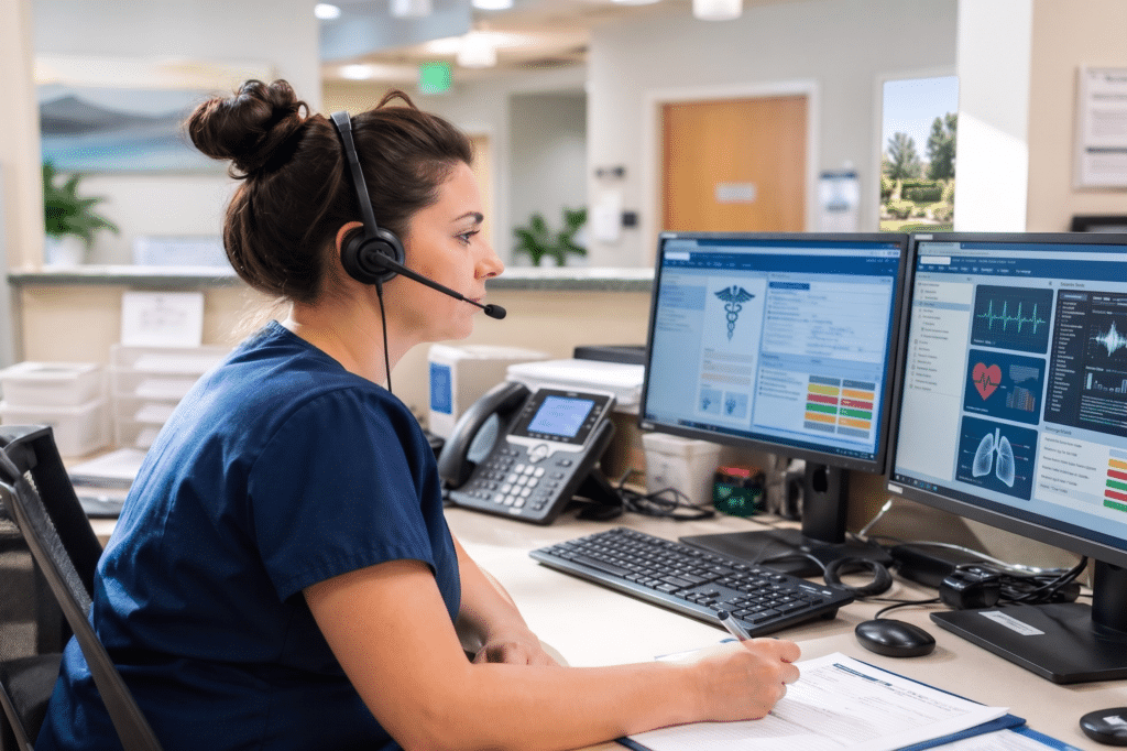 Nurse using dual monitors to review and document patient information during a medical message intake process in a clinical office setting.