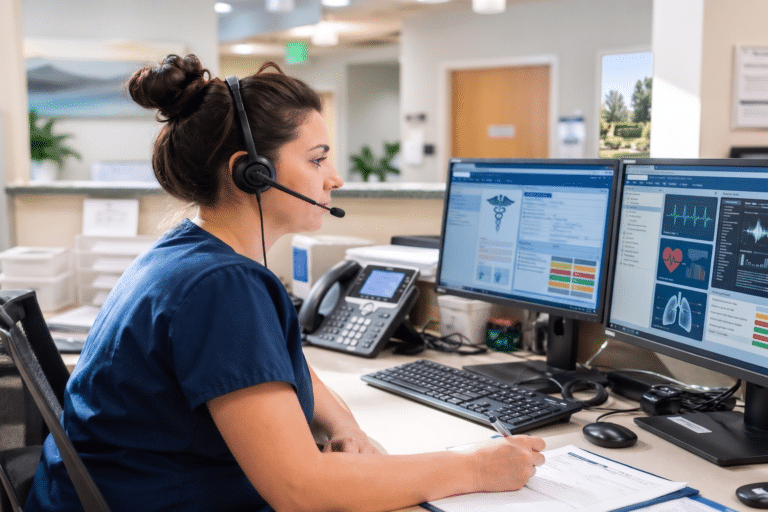 Nurse using dual monitors to review and document patient information during a medical message intake process in a clinical office setting.