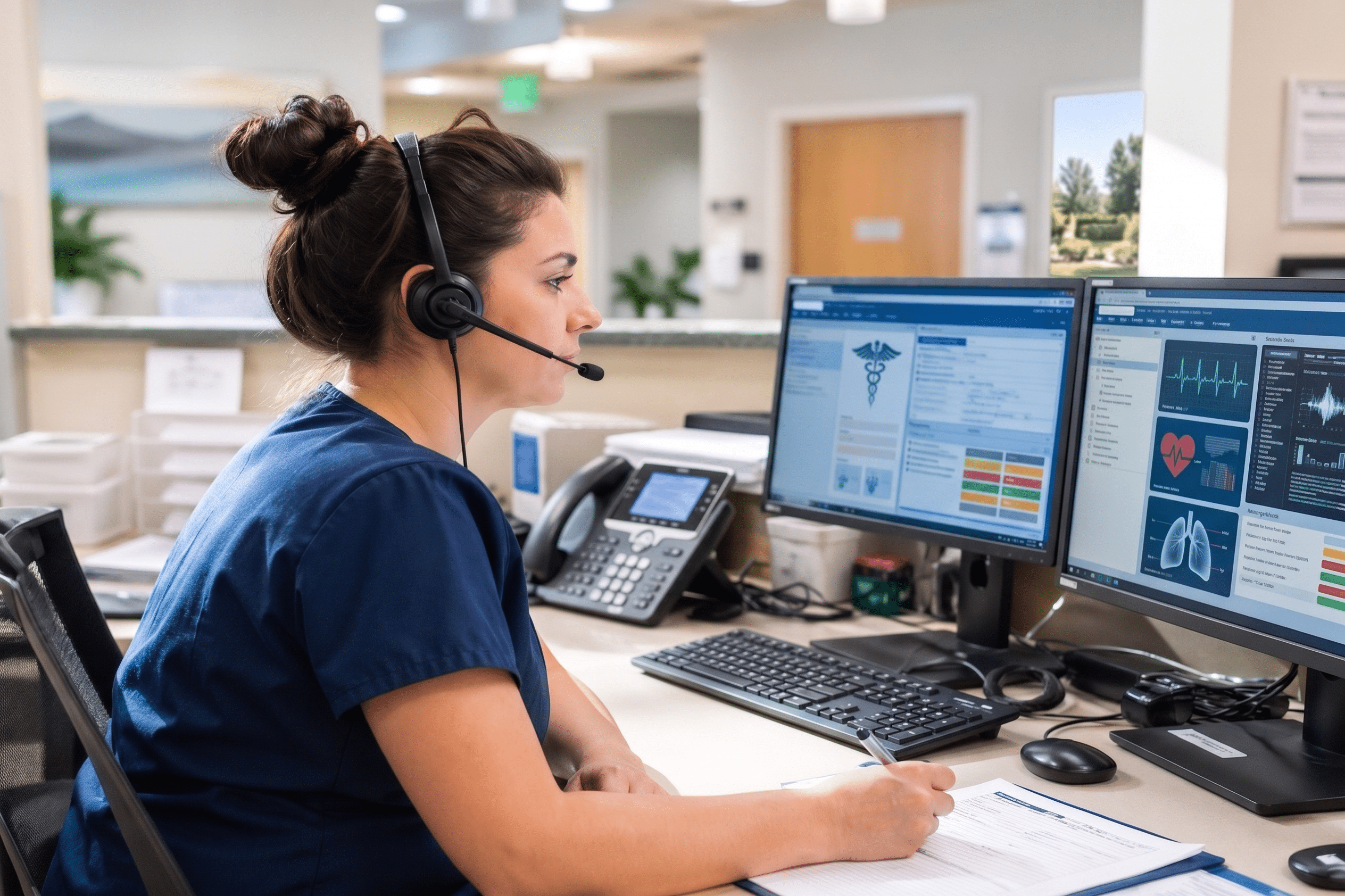 Nurse using dual monitors to review and document patient information during a medical message intake process in a clinical office setting.