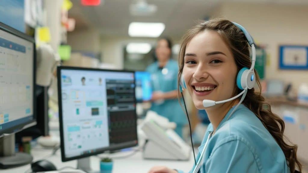 A photo of a nurse smiling while in a us doctors office with a phone headset on next to a computer that shows TriageLogic Software on the computer
