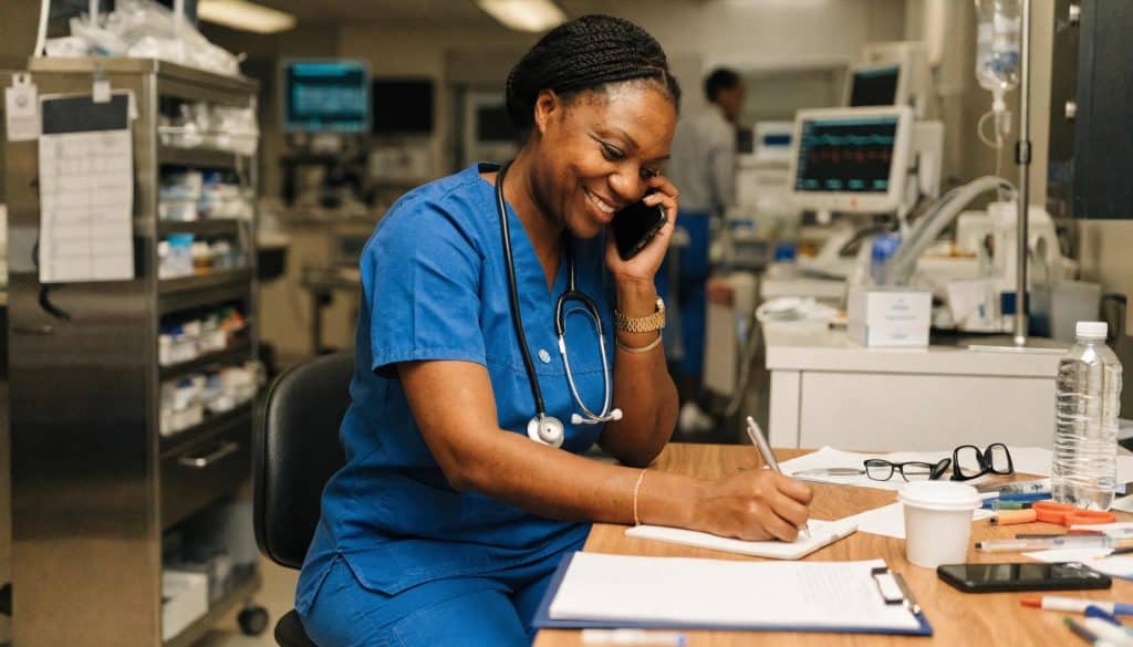 Nurse providing triage services over the phone in a clinical environment