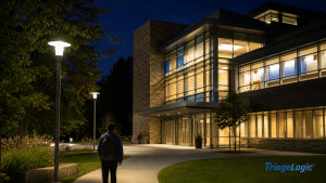 University Campus at Night with Student walking in need of nurse triage services