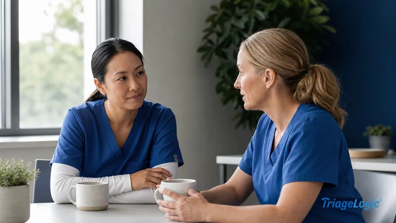 Two nurses in scrubs having a supportive conversation in a hospital break room, illustrating workplace collaboration.