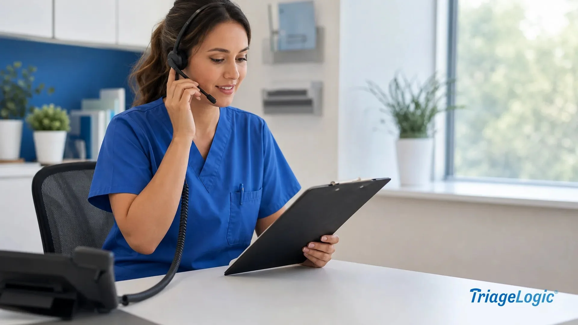 Registered nurse in scrubs using a telephone headset to conduct a patient triage call at a clinical desk.