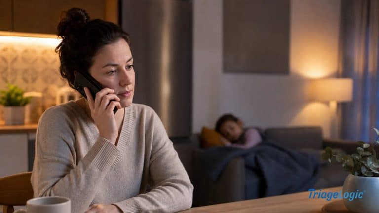 Parent making an after-hours medical call at night while child rests safely at home.