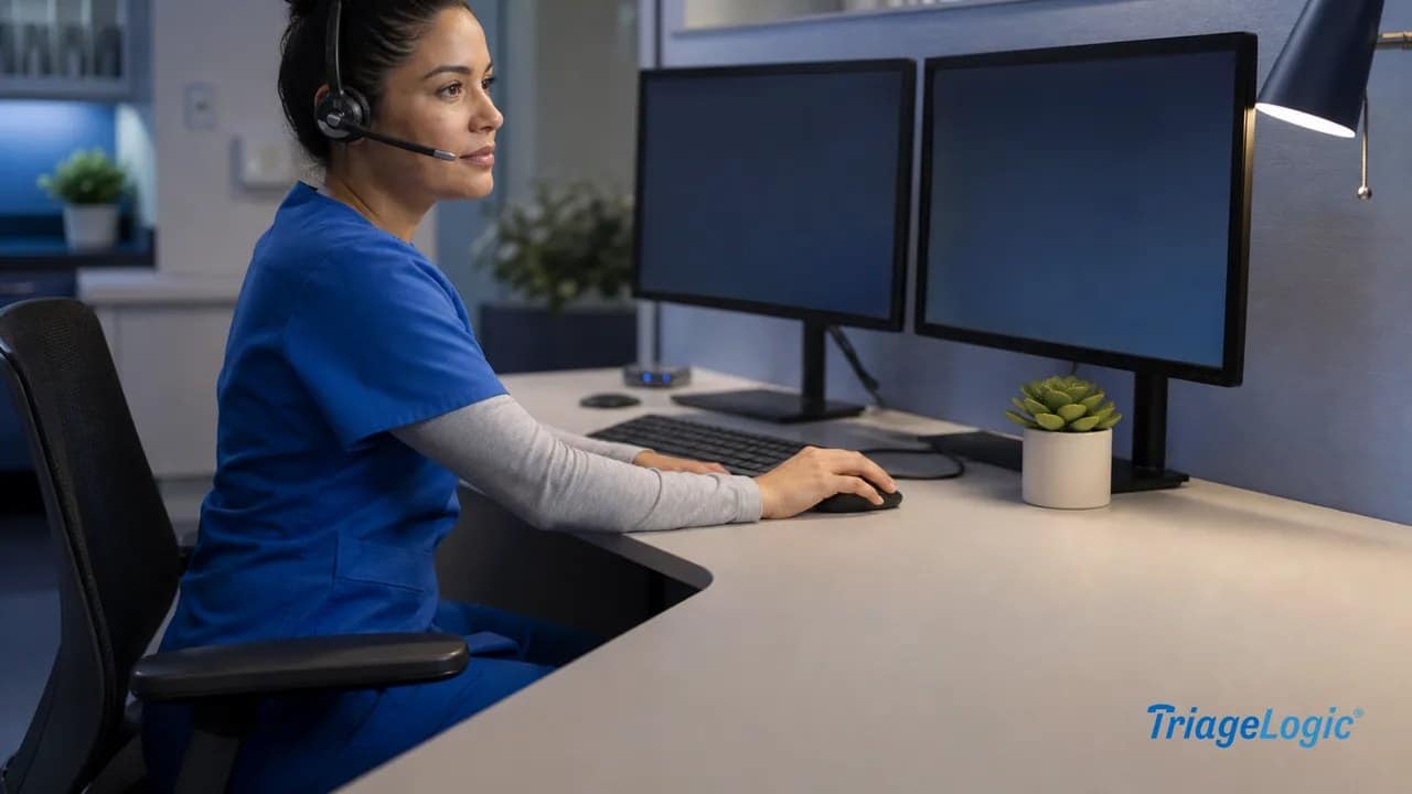 Registered nurse using a headset at a workstation to conduct an after-hours patient triage call.