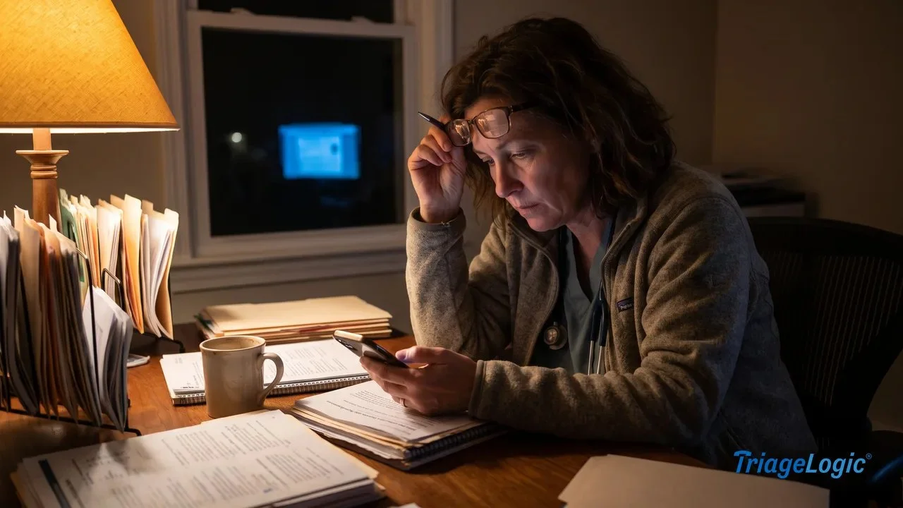 Primary care physician reviewing an after-hours patient call at a home desk late at night