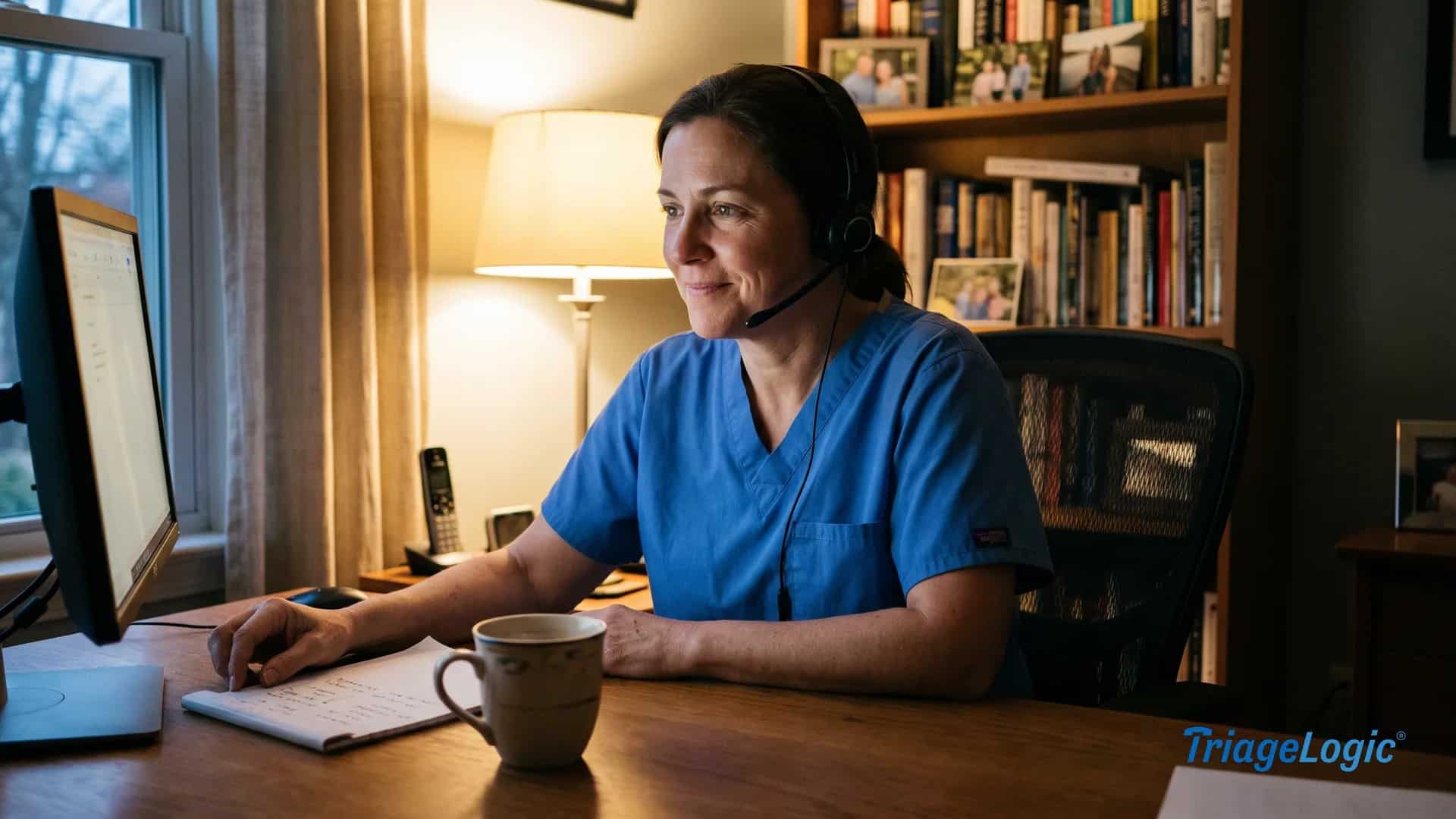 Licensed RN staffing a 24/7 nurse triage line at a modern clinical call center workstation