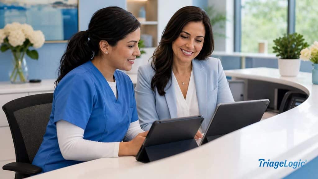 Nurse and front-desk coordinator reviewing organized patient call routing on tablets in a bright medical office.