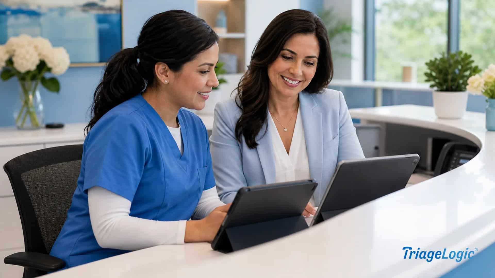 Nurse and front-desk coordinator reviewing organized patient call routing on tablets in a bright medical office.