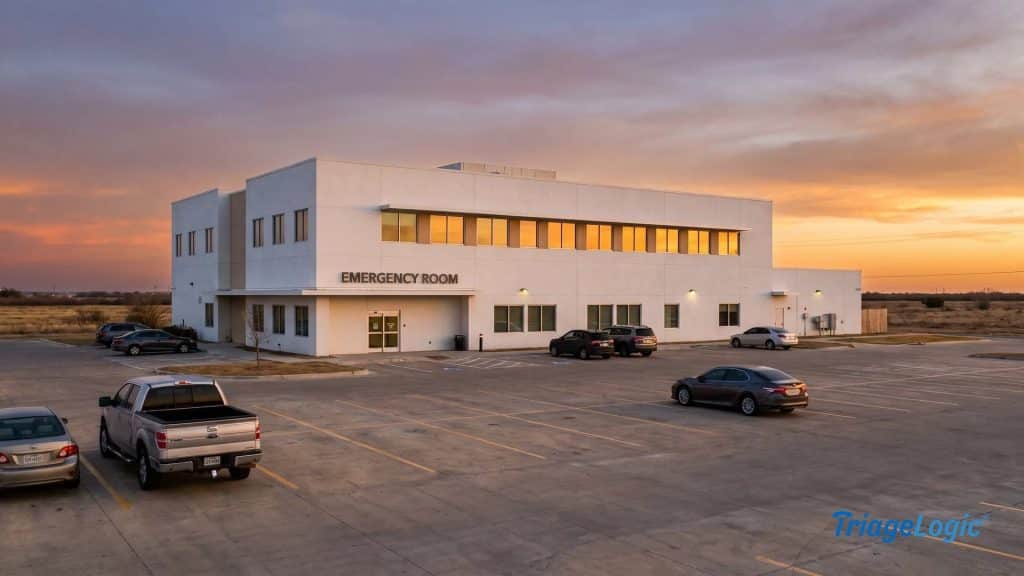 Rural health transformation program hospitals administrators and nurses collaborating outside a critical-access hospital at golden hour