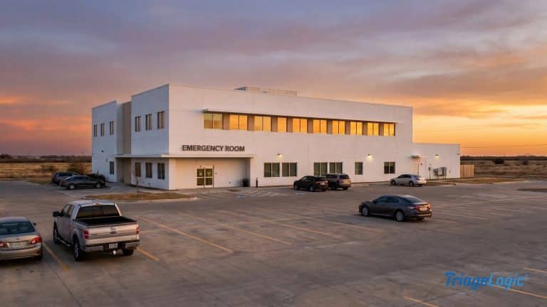 Rural health transformation program hospitals administrators and nurses collaborating outside a critical-access hospital at golden hour
