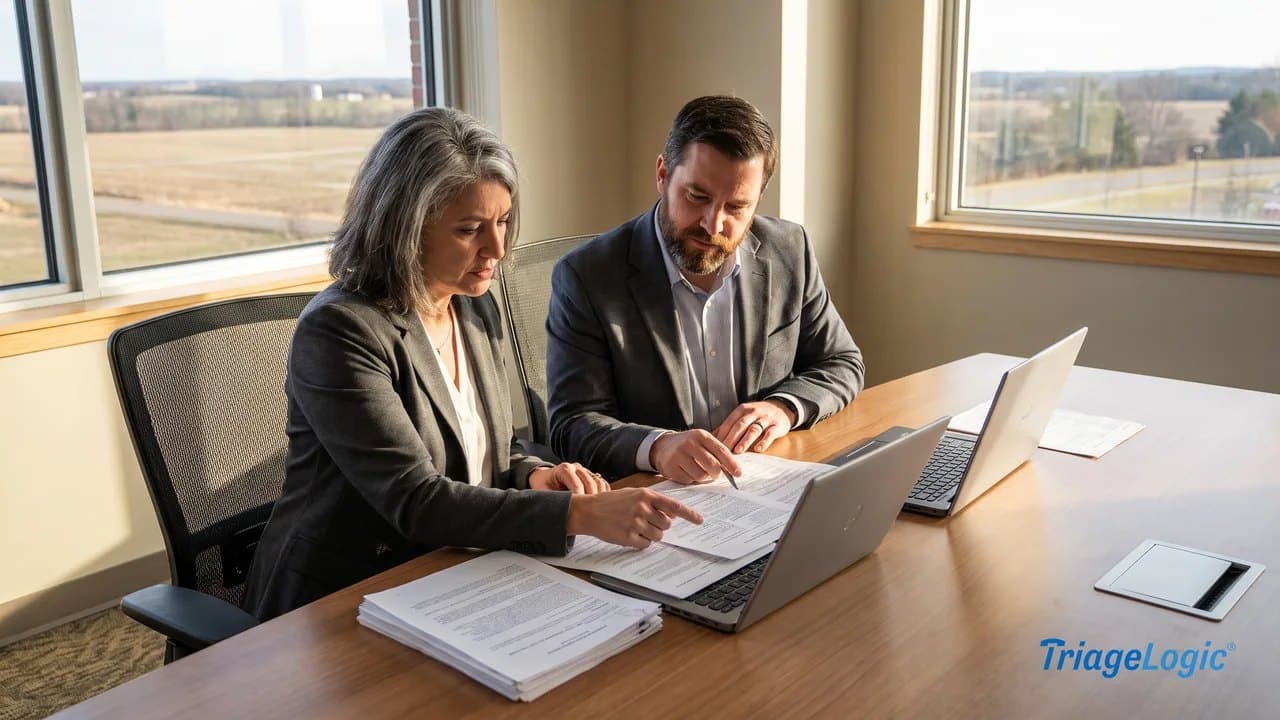 Hospital administrator and financial analyst reviewing operational reports together in a modern conference room