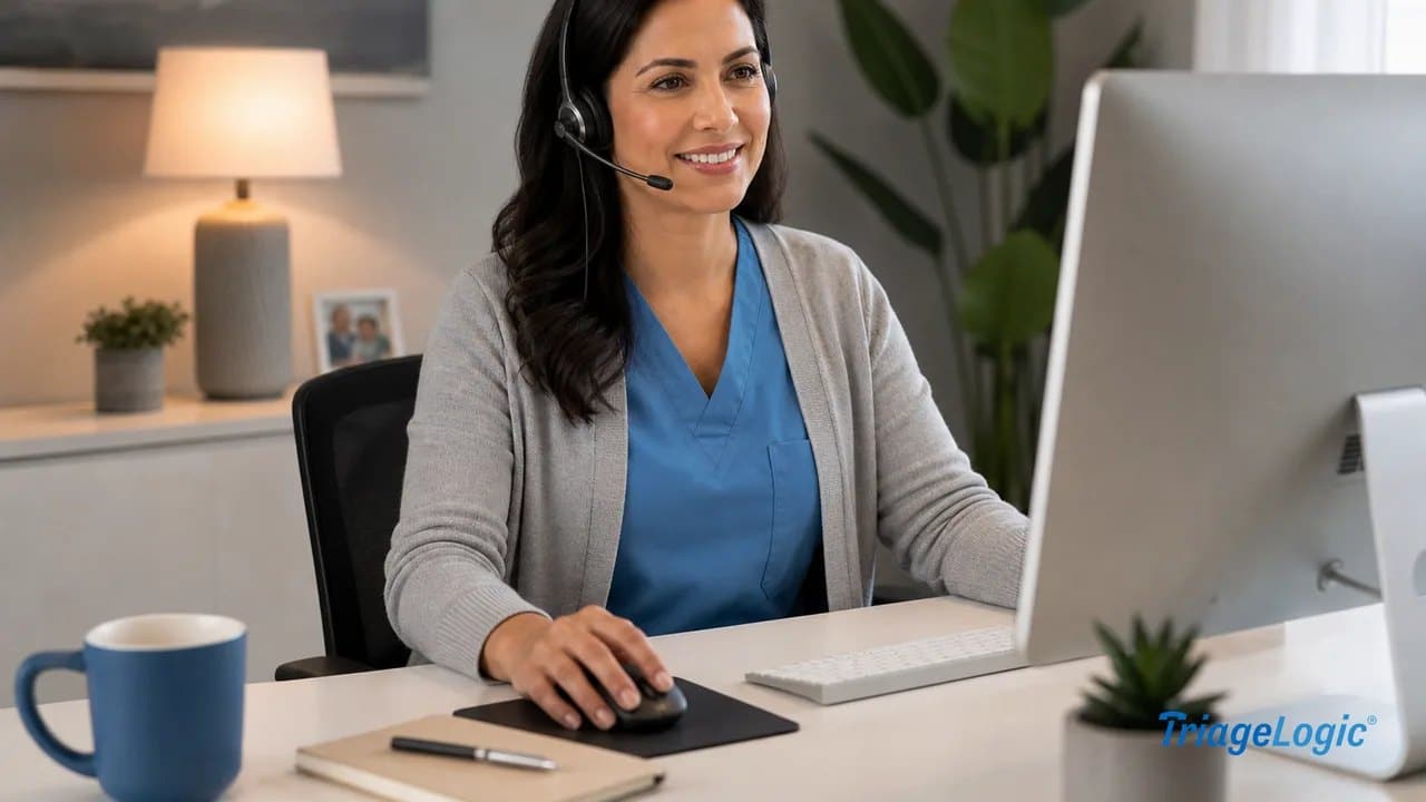 Licensed nurse on a headset reviewing a structured patient call record at a professional home office workstation.