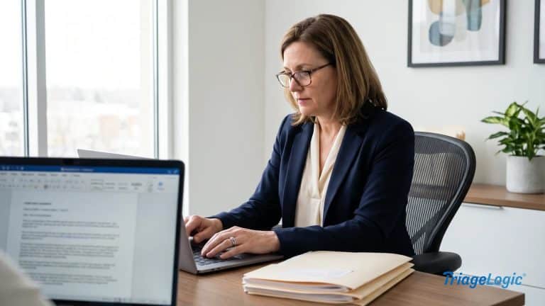 Healthcare administrator reviewing hipaa and compliance documentation at a modern office desk