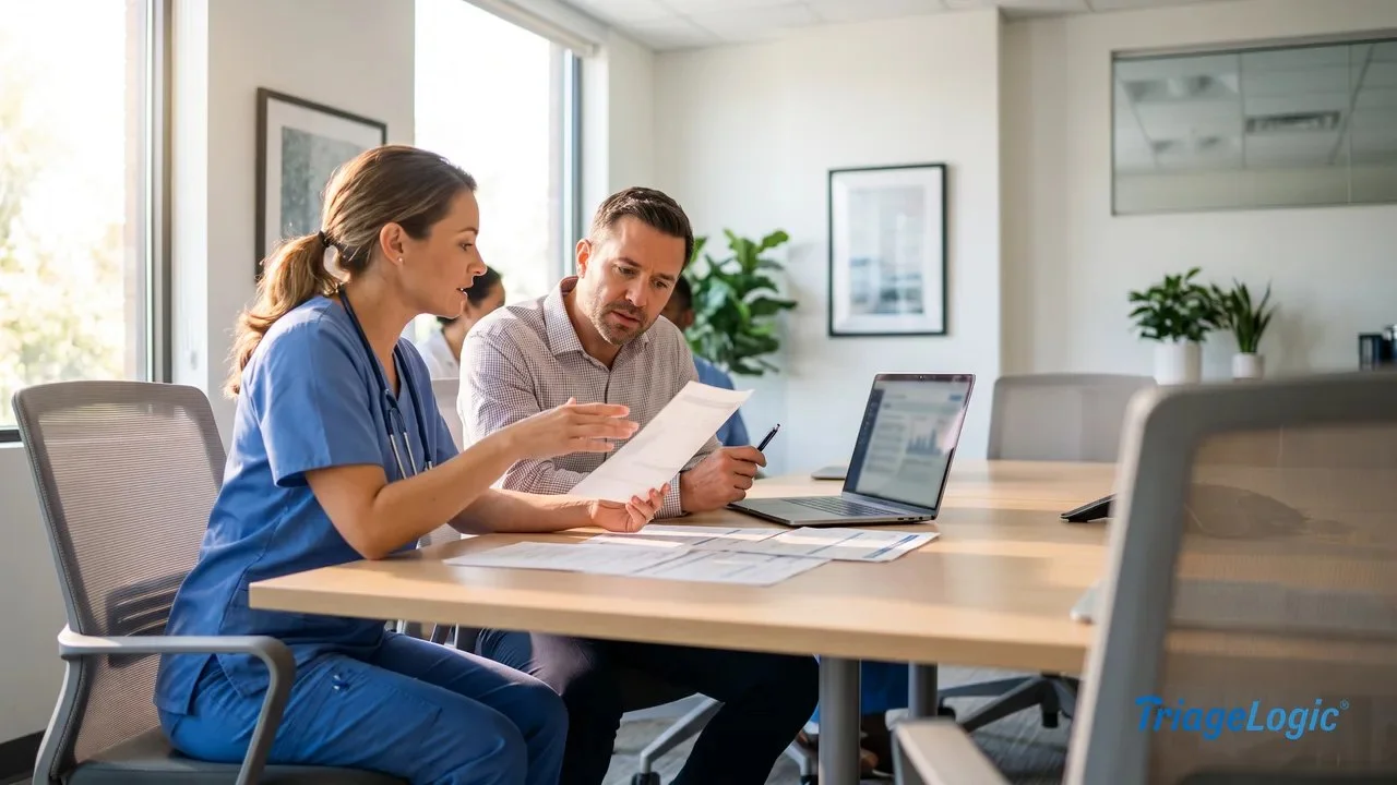 Nurse and healthcare manager reviewing call center performance reports in a bright modern office