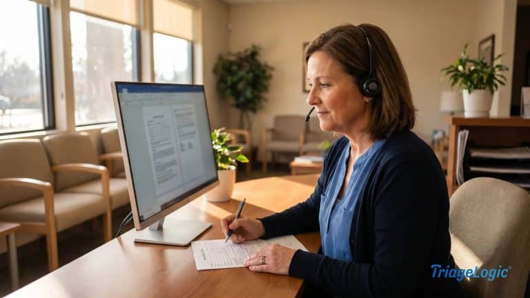 Medical office receptionist using a medical office answering service to manage structured patient message intake at a modern front desk.