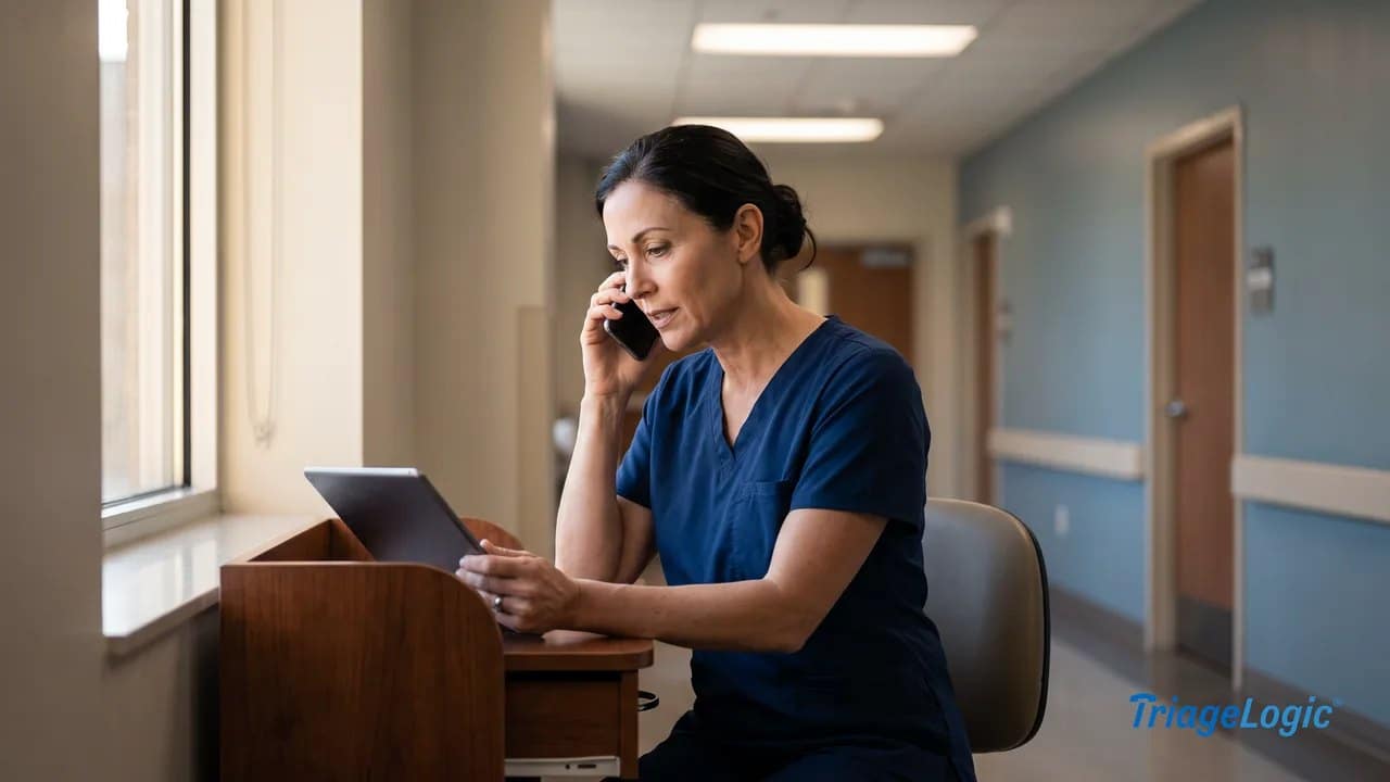 Nurse reviewing patient messages and making a clarification callback at a clinical workstation.