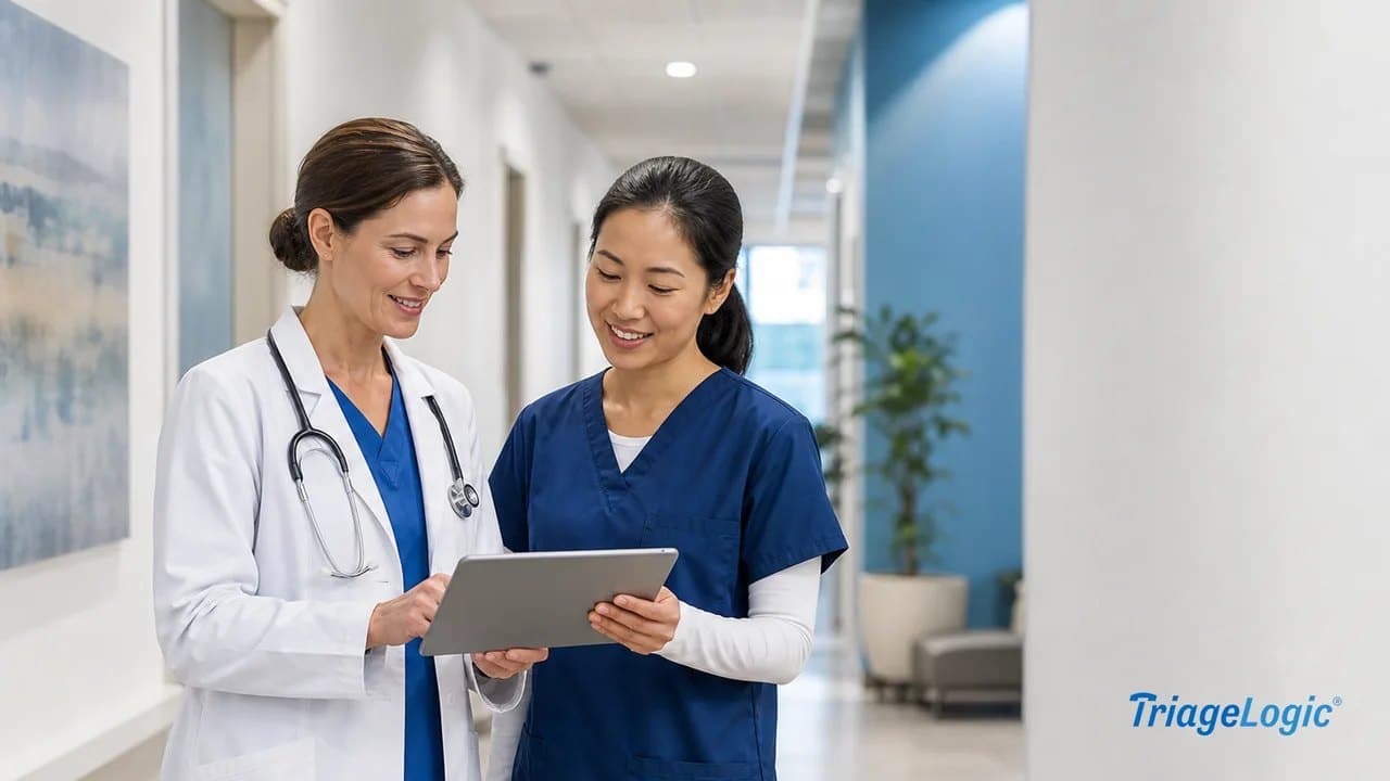 A physician and nurse practitioner collaborating in a modern clinic hallway, reviewing information on a tablet.