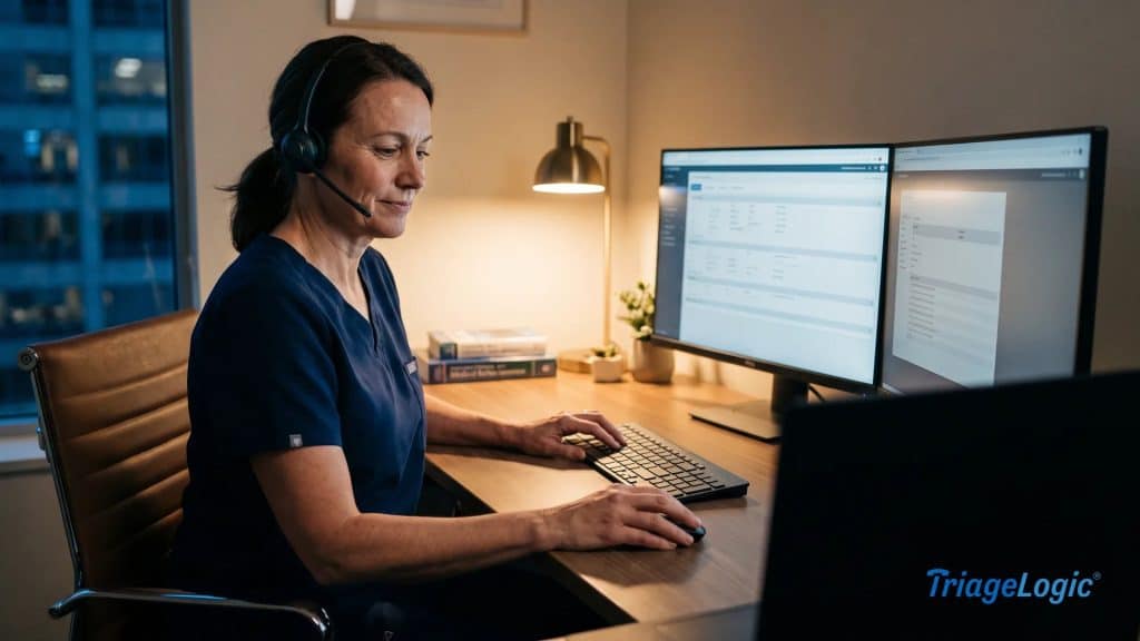 Registered nurse using headset and computer at night to provide nurse triage for health plans members