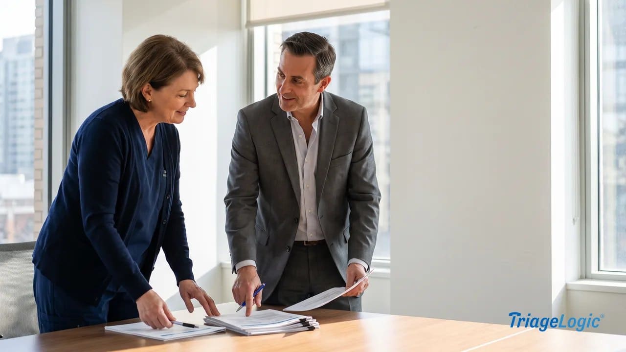 Healthcare administrator and nurse clinician reviewing clinical accreditation documentation together at a conference table