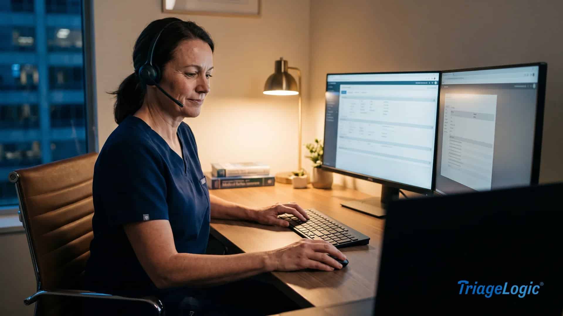 Registered nurse using headset and computer at night to provide nurse triage for health plans members