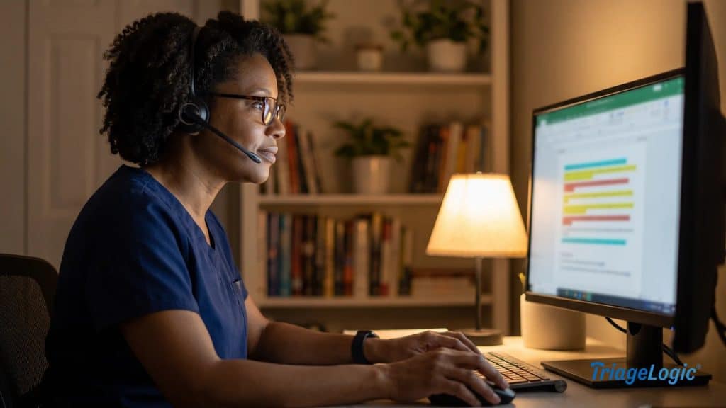 Registered nurse providing on call nursing support to a patient from a professional home office setting at night