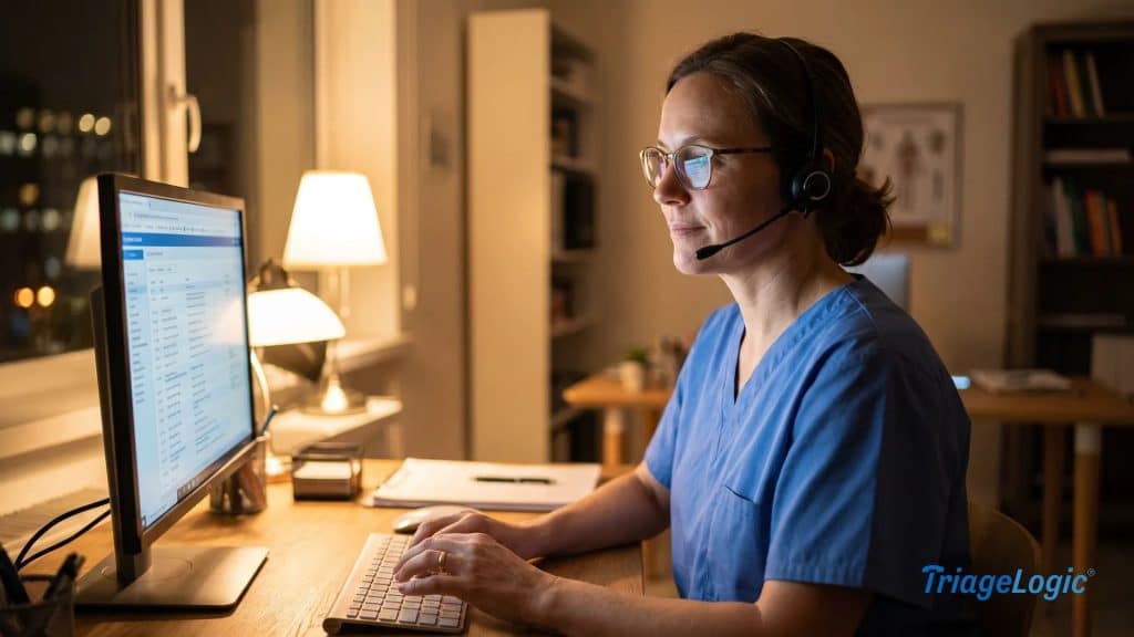 Registered nurse performing telephone triage for pediatric after-hours calls at a softly lit clinical workstation
