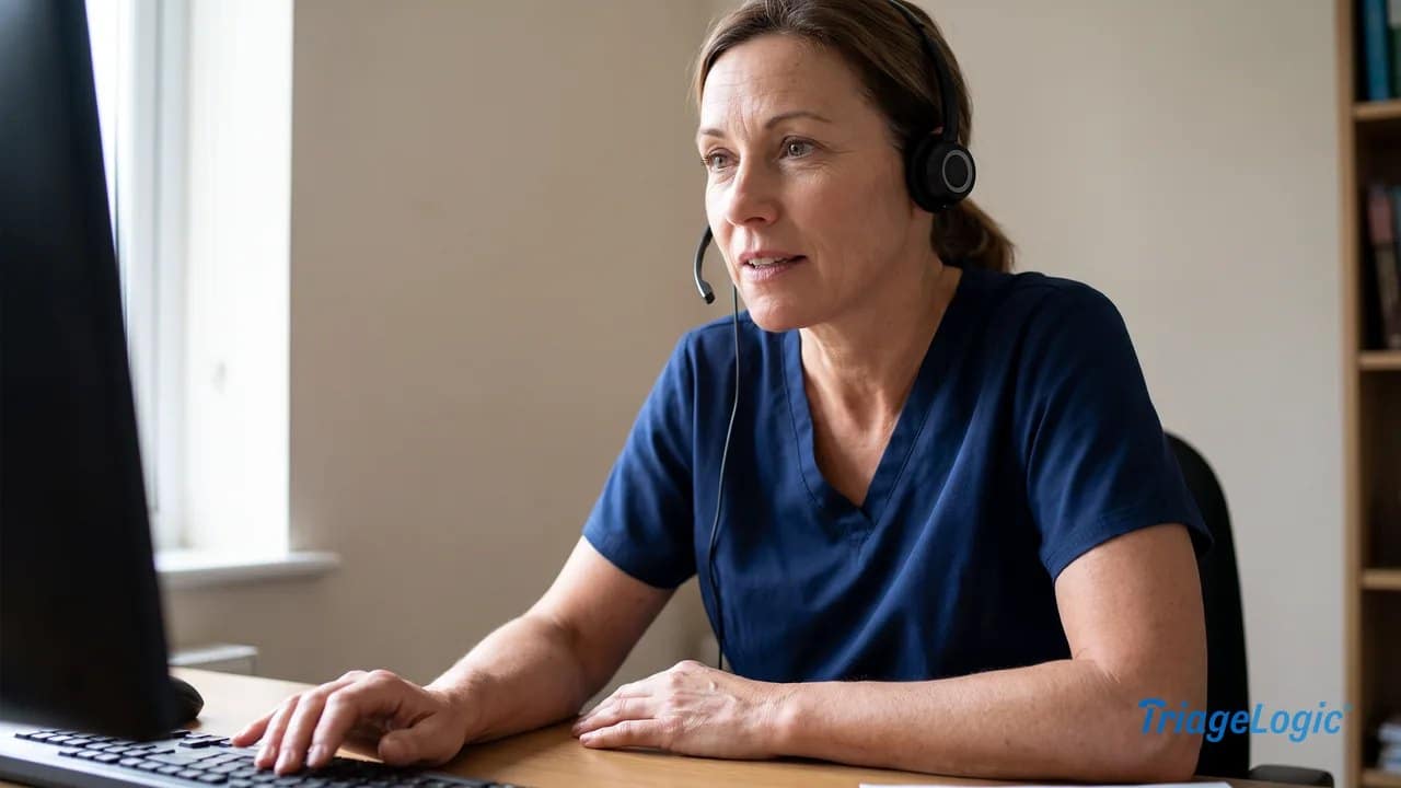 Experienced triage nurse actively listening on a headset call, focused and attentive at her workstation