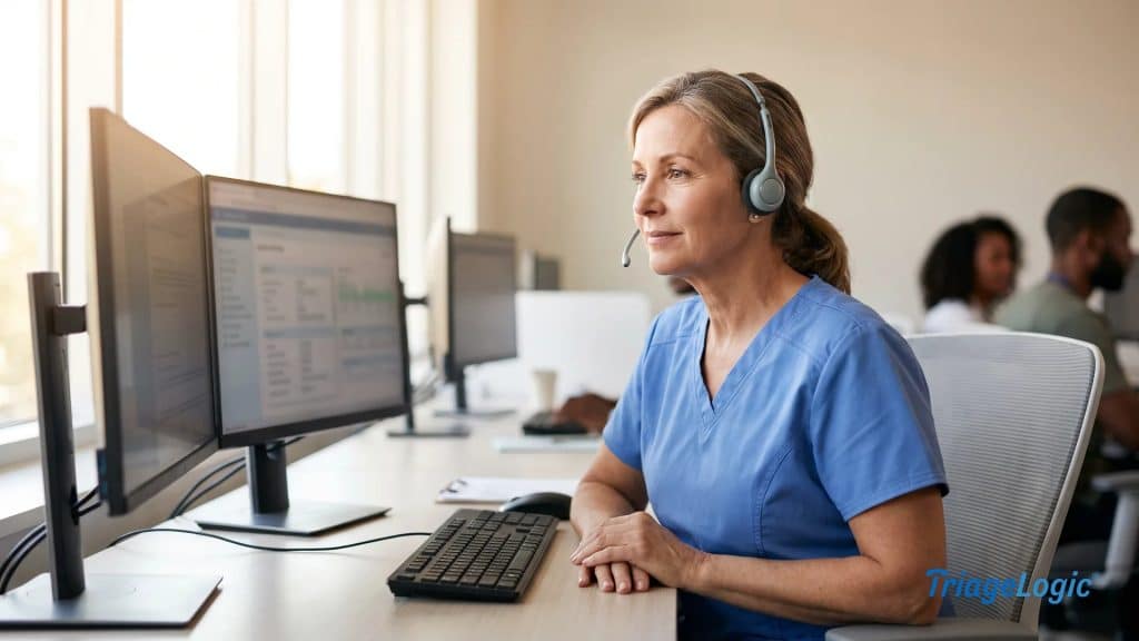 Registered nurse using an automated patient call system at a clinical call center workstation during an after-hours triage shift