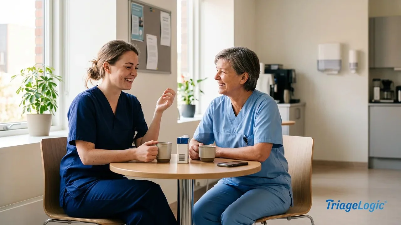 Two nurses sharing a relaxed conversation in a hospital break room, representing staff wellbeing and workplace support