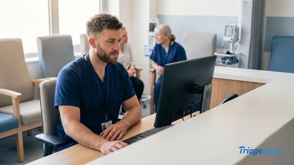 Emergency department triage nurse reviewing patient acuity data at a workstation, illustrating the five levels of triage in practice