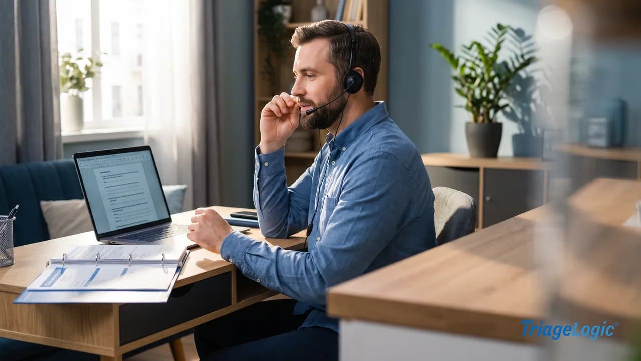 Telephone triage nurse wearing a headset and following structured clinical protocols at a well-organized desk