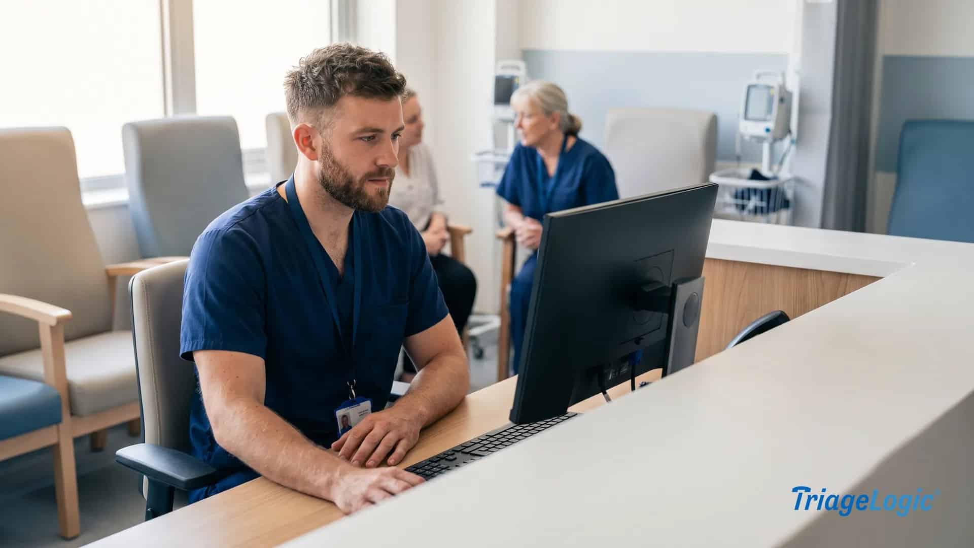 Emergency department triage nurse reviewing patient acuity data at a workstation, illustrating the five levels of triage in practice