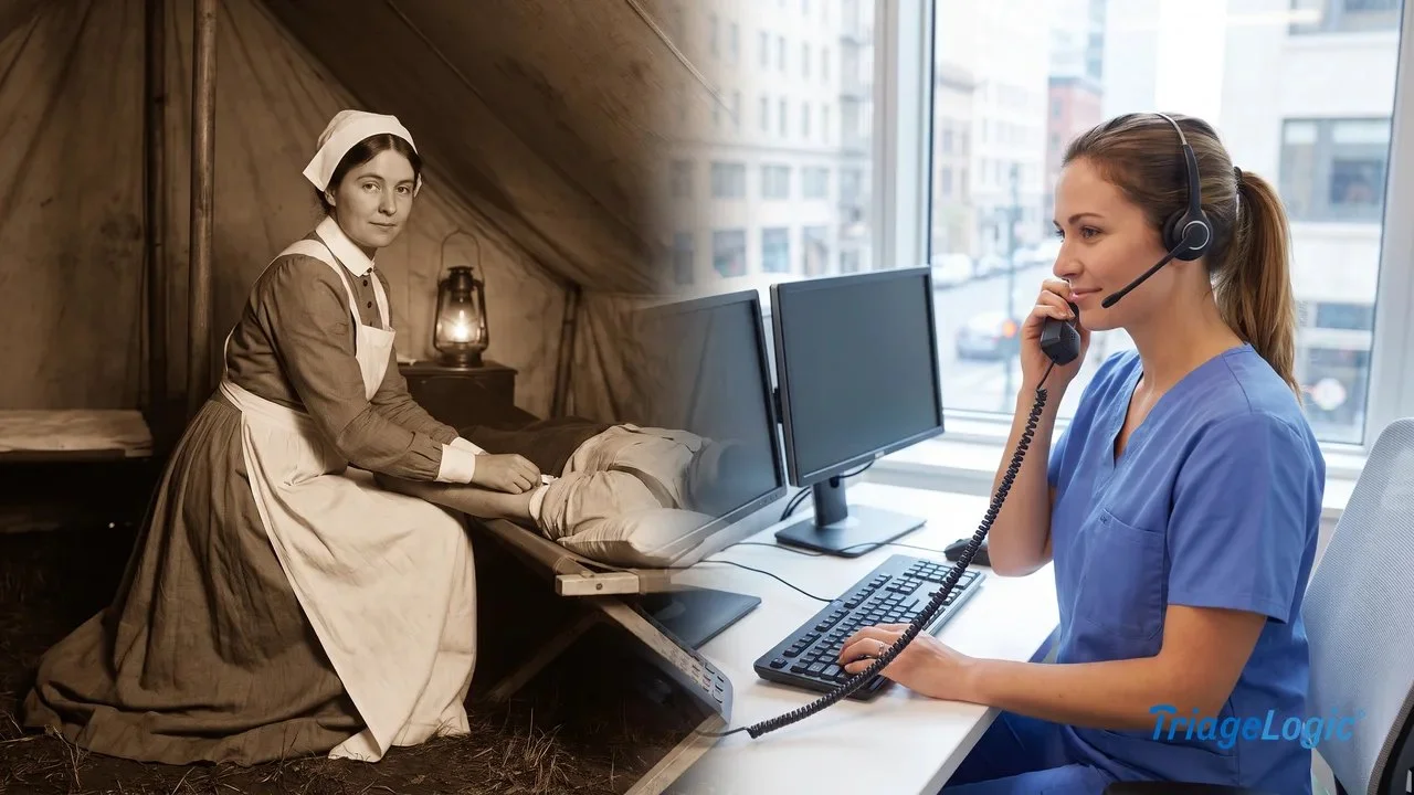 Side-by-side editorial image showing a Civil War era nurse and a modern telephone triage nurse representing the history of nursing triage