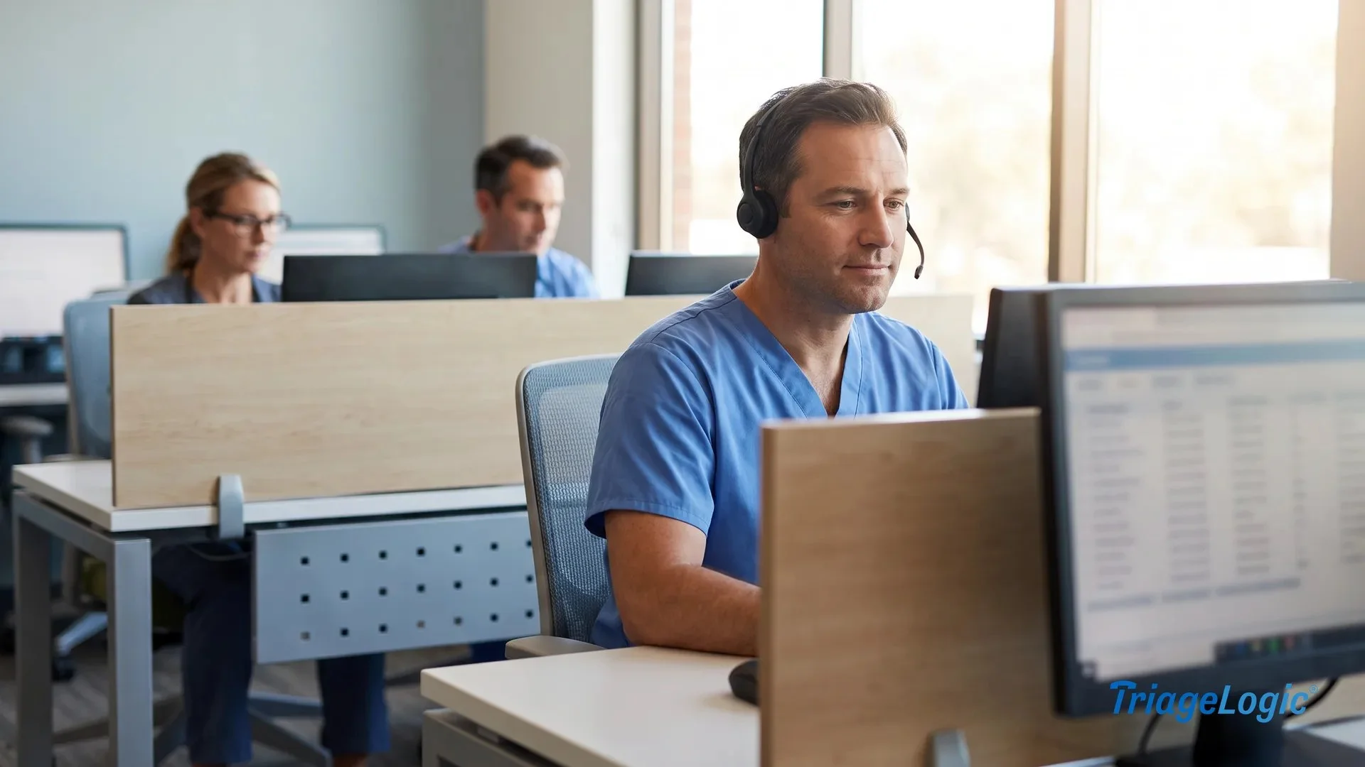 Registered nurse on a headset at a triage call center workstation illustrating what is triage in nursing
