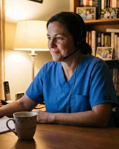 Licensed RN staffing a 24/7 nurse triage line at a modern clinical call center workstation