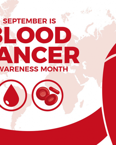 Blood Cancer Awareness Month is represented by a red ribbon, as well as blood droplet and blood cell icons in front of a map of the world.