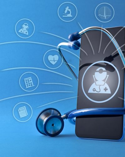 After-hours clinical coverage is represented by a stethoscope wrapped around a smartphone. A doctor icon is displayed on the phone's screen, with lines connecting from it to other medical icons.