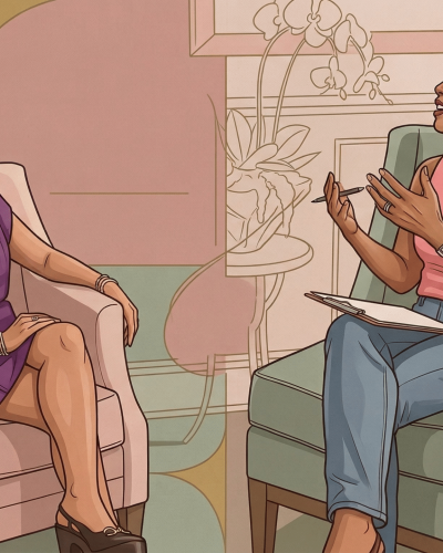 An illustrated portrait shows TriageLogic CEO Charu Raheja being interviewed by podcast host Joy Purdy for the Discover the Joy podcast.