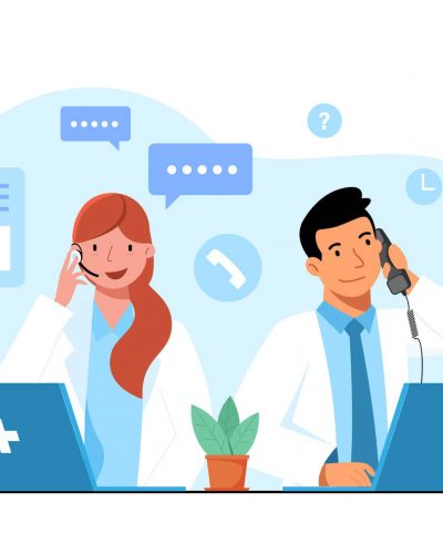 Illustrated concept of a medical answering service with nonclinical operators answering patient calls from laptop workstations.