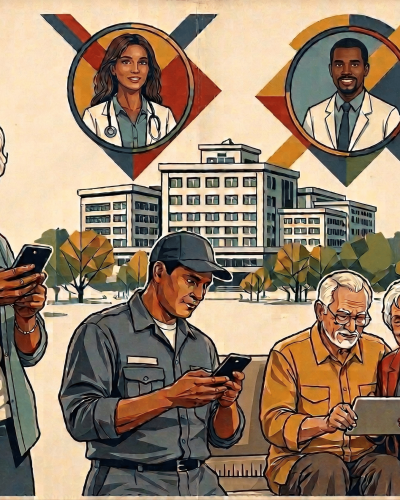 A diverse group of patients uses smartphones and tablets to communicate with a hospital, highlighting digital patient message intake in health care and access to care across different populations.