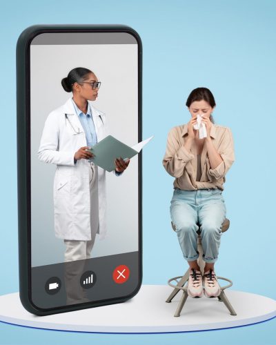 A telehealth nurse provides patient care over a smartphone by evaluating a patient caller's symptoms.