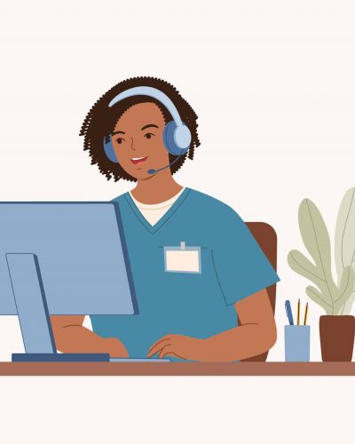 An illustrated triage nurse wearing a headset at a computer workstation goes through triage software onboarding.