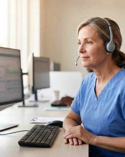 Registered nurse using an automated patient call system at a clinical call center workstation during an after-hours triage shift
