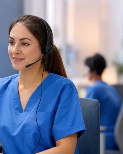 Registered nurse wearing a headset conducting a patient triage call at a professional clinical workstation.
