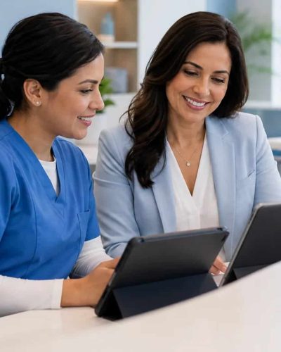 Nurse and front-desk coordinator reviewing organized patient call routing on tablets in a bright medical office.