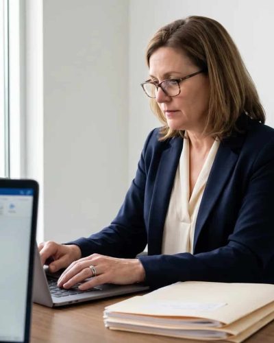 Healthcare administrator reviewing hipaa and compliance documentation at a modern office desk