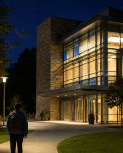 University Campus at Night with Student walking in need of nurse triage services