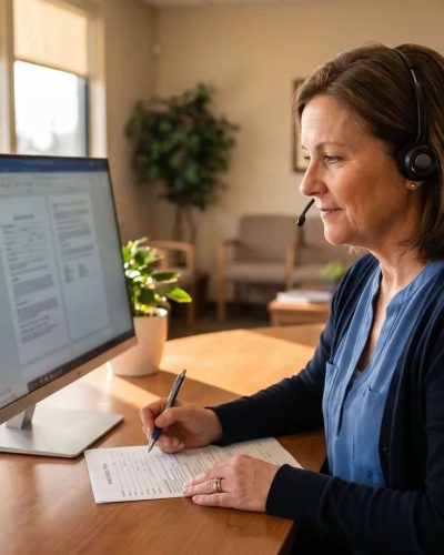 Medical office receptionist using a medical office answering service to manage structured patient message intake at a modern front desk.